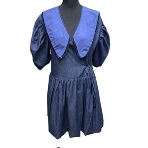 Beulah Style Blue Ruffle Cotton Dress Collared Balloon Sleeve Sz L Cottagecore